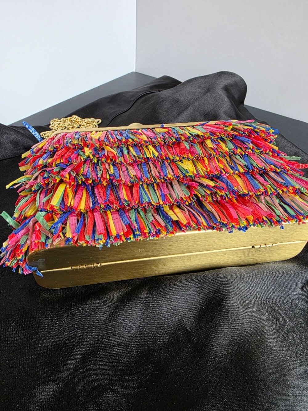 Olga Berg Carlita Carnivale Clutch Bag Multicolor Raffia Gold Frame Chain Strap - Picture 13 of 16